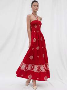 Chiquease Holiday Vacation Red Design With A Tie On The Chest, Can Be Worn In Two Ways, Retro Printed Dress, Divided Tube Top, Waisted Sleeveless Women's Mid-Length Dress Tropical Boho Beach Fashionable Style Floral PRINT For Summer Spring Fall Autumn - Multicolor - View 4