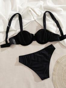 SHEIN Swim 2 件性感复古网眼拼色软杯可调节肩带比基尼泳装，适合春假和夏季海滩度假 - 彩色 - 查看 8