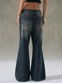 LYSMO Jeans acampanados de mujer con lavado vintage, diseño arrugado, jeans de microflauta denim retro - Caqui - Ver 6