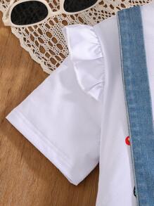 Tween Girl Strawberry Lettering Printed Round Neck Short Sleeve T-Shirt & Embroidered Denim Overall Skirt - White - View 5