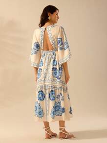 CAJUNI Đầm dài hở lưng họa tiết hoa nhiệt đới Boho cho nữ, cổ chữ V, tay cánh dơi, dành cho kỳ nghỉ hè, màu be - Nhiều màu - Xem 3