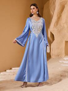 Al Najma 奢华串珠缝线，优雅侧腰系带，修身剪裁，高贵青春的女士连衣裙，卡夫坦和贾拉比亚，女士奢华晚礼服，端庄