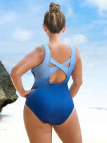 Swim Lushoire 大码女式蝴蝶印花交叉后背连体泳衣，休闲运动度假，适合夏季海滩度假 - 藍色 - 查看 2