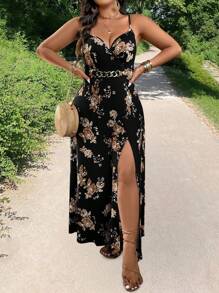 Breezaya Vestido camisero de talla grande con decoración de hebilla en la cintura y abertura en el bajo