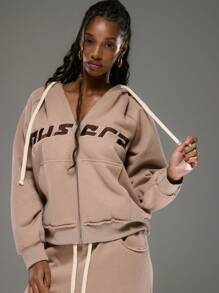 MUSERA Colour Block Oversized Pocket '' Slogan Zip Through Hoodie Distressed Waist Seam Cord Tracksuit Top Only - Multicolor - View 1