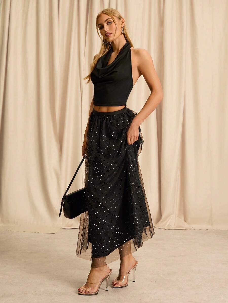 Glamine Falda con sobreposición de malla de talle alto