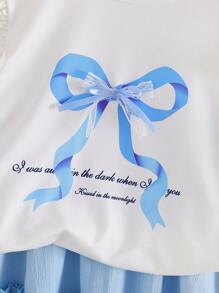 SHEIN 青少年女孩优雅两件套，包括蕾丝蝴蝶结装饰盖袖上衣和蓝色荷叶边裙，春夏公主风格服装，时尚 - 藍白色 - 查看 3