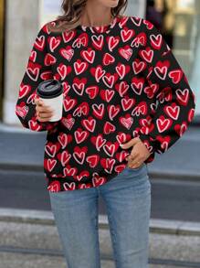 SHEIN LUNE Women Casual Heart Pattern Round Neck Loose Sweatshirt, Suitable For Autumn And Winter - Black - View 4
