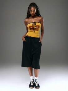 MUSERA Slogan Tie Front Bandeau Top Street Style Varsity Boho Club Sexy Tube Top Deconstructed Festival Ibiza Holiday Beach Rave Graphic Back To School - Yellow - View 4