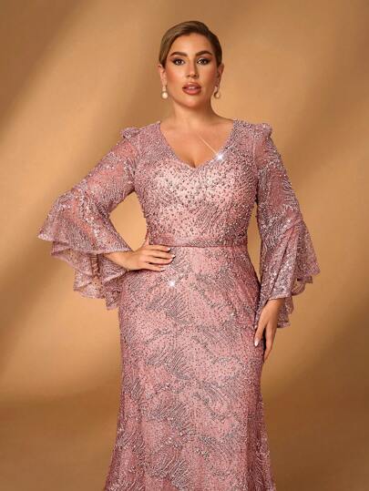 Serin 加大码优雅浪漫淡粉色 V 领珍珠刺绣网眼高低美人鱼下摆礼服，适合妈妈