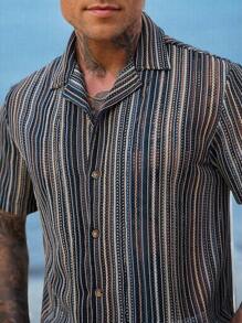 Genlund Men's Vacation Casual Striped Translucent Fabric Texture Short Sleeve Shirt, Sandbeach   For Husband - Multicolor - View 3
