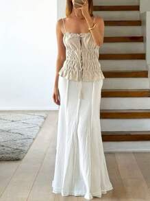 Siren Gaze Women Solid Color Spaghetti Strap Front Tie Casual Tank Top Summer - Apricot - View 6