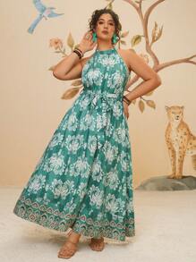 Travachic Vestido largo de camiseta de lino estilo bohemio, casual y retro, de talla grande, con estampado tropical para vacaciones en la playa para damas - Verde - Ver 1