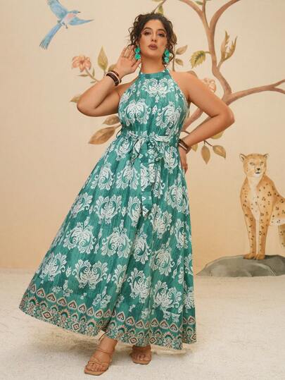 Travachic Bohemian Plus Size Casual Vacation Retro Boho Tropical Print Beach Dress Linen Ladies Long Cami Dress