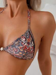 Beach Outfits For Women Bohemian Paisley Patchwork Color Block Triangle Halter Retro Style Bikini Set For Summer Beach Vacation - Multicolor - View 7