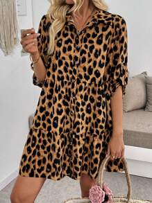 Breezaya 女士乡村风米色豹纹翻领纽扣式 3/4 袖连衣裙 - 卡其色 - 查看 4