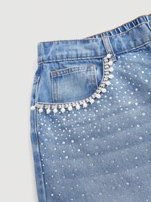 SHEIN MOD 加大码中腰阔腿牛仔裤，蓝色 夏季度假 女士 90 年代春季 女士 Y2k 牛仔风 女士 锐舞 春假 外出 街头服饰 2000 年代风格 音乐会 旧钱 拉斯维加斯之夜 女士 锐舞节 复活节 女士 生日 女士 水钻珍珠 - 藍色 - 查看 5