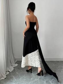 Elenzga 1pc Fitted Knit Dress With Colorblock And 3D Cut-Out Rose Pattern, Bustier Style - Black - View 2