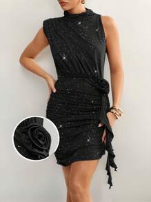 SHEIN Clasi Women's Elegant High Neck Woven Texture Ruched Black Mini Bodycon Dress, Elenzga Women's Fashionable Casual Elegant Sexy Short Sleeve Dress, Round Neck, Black Elastic Knit Fabric, Fitted Silhouette, 3D Floral Print, Spring/Summer