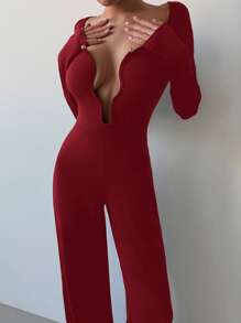 Aloruh 深 V 金属扣黑色紧身性感 H 型女式连体裤 - 酒紅色 - 查看 4