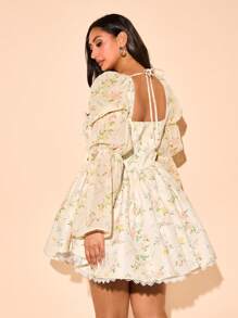 SHEIN BAE 大码女式优雅可爱碎花泡泡袖长袖连衣裙，A 字廓形公主裙，适合约会、学校活动、浪漫法式风格、短款女式连衣裙、鸡尾酒会礼服、生日礼服、伴娘礼服、简约优雅的日常礼服、婚纱、伴娘礼服、迷你派对礼服、女士夏季连衣裙、大码鸡尾酒会礼服、毕业礼服、沙滩裙、太阳裙、波西米亚风度假装 - 杏色 - 查看 6