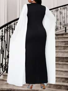 SHEIN Lady Women's Black And White Elegant Traditional Formal Wedding Guest Dress,Summer Plus Size Knitted Chiffon Sweetheart Cloak Sleeve Contrast Mesh Dress - Black and White - View 2