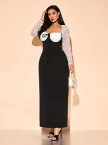 SHEIN BAE Plus Size Women's Elegant Black Lace Patchwork Bra Top And High Slit Skirt Two Pieces Set, Sexy Outfits For Summer, Vacation, Wedding, Graduation, Y2K, Party, Spring Break Outfits, Easter Outfits For Women, Concert Outfits For Women, Plus Size Corset Tops