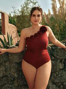Swim Chiccia Plus Size Women 3D Floral Design One Piece Swimsuit, Elegant For Beach, Holiday & Wedding Season, Summer Vacation - Burgundy - View 3
