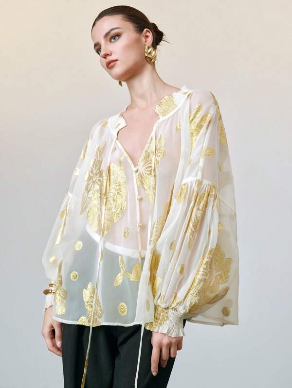 Arave Women's  Elegant Golden Jacquard Floral  Embroidered Collar Pullover Loose Button Down See Through Blouse For Women, Festival, Going Out, Vacation Outfit,Summer Tops,Long Sleeve Top