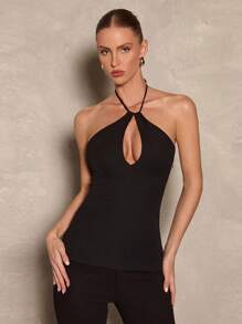 Glamine Ladies Solid Color Halter Neck Elegant Summer Top - Black - View 5