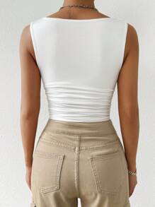 SHEIN PETITE CURVE 大码女式纯色圆领褶皱修身背心 - 白色 - 查看 2