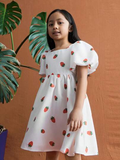 SHEIN Vestido con manga abullonada y estampado de cerezas dulces para niñas, de verano