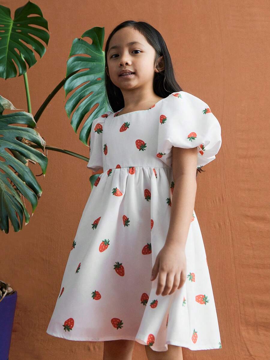 SHEIN Young Girls' Sweet Cherry Print Puff Sleeve Dress, Summer - Multicolor - View 1