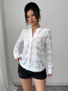 Elenzga Women's Elegant Simple Office Shirt, White Stand Collar Long Sleeve Sheer Hollow Out Details Fall Cloth For Women - White - View 5