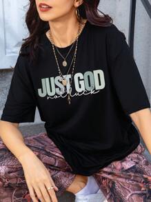 INAWLY 女士休闲简约字母印花短袖 T 恤 - 黑色 - 查看 6