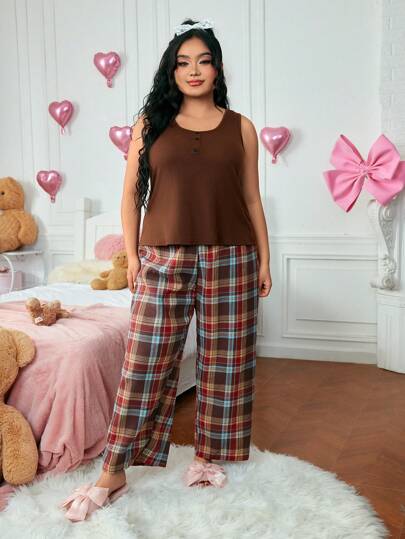 Academia Ensemble de vêtements d'intérieur casual rétro, grande taille, avec contraste de couleurs à carreaux