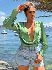 SHEIN SXY Beach;Women's Plunging Neck Glossy Grey-Green Blouse, Suitable For Summer Outing And Dating