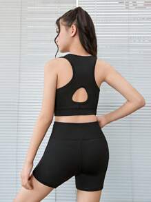 SHEIN Tween Girls' Solid Color Hollow Back Ribbed Camisole And Biker Shorts Sports Set, Suitable For Yoga, Sports Day, Back To School