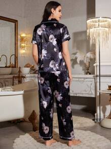 LuxeNights Floral Printed Silk Lapel Short Sleeve Long Pants Women's Pajama Set