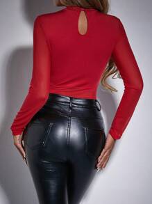 Allurite Bộ đồ liền thân lưới xuyên thấu ren vá gợi cảm cho nữ - Đỏ - Xem 2