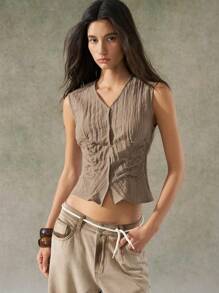 LYSMO Casual Minimalist Sleeveless Ruched Shirt