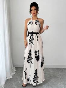 Chiquease Women's Resort Casual Halter Neck Floral Print Dress - Apricot - View 5