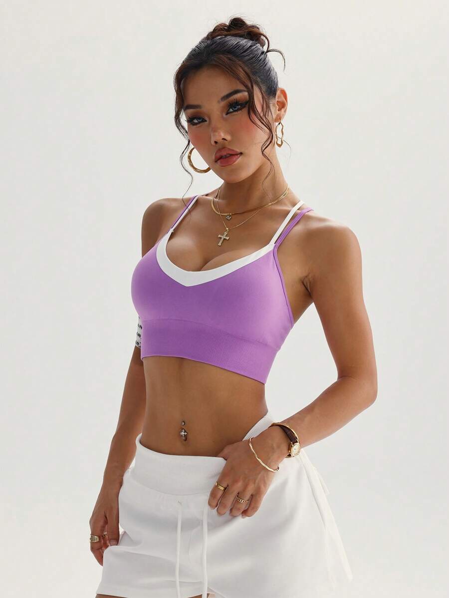 SHEIN Sovereign Charm Women's Everyday Fitness & Yoga Colorblock Sports Bra - Purple - View 1