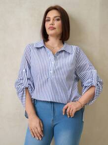 SHEIN Clasi Plus Size Women's Rolled Sleeves Casual Elegant Striped Workplace Shirt, Women's Tops, Elegant Camisole, Women's Shirts, Black Shirts, Ladies Summer Clothing,