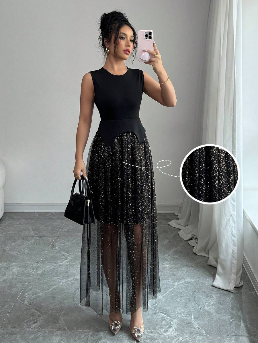 Elenzga Women's Spliced Fine Shimmer Mesh Sleeveless Dress - Black - View 1