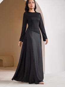 Veilorie 女士优雅黑色拼布缎面微喇叭长袖连衣裙 阿拉伯风格连衣裙 老钱音乐会服装 女士春假服装，端庄 - 黑色 - 查看 6