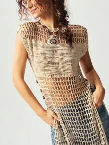 Bohemela 女士假日休闲纯色侧开衩镂空针织连衣裙 - 黃色 - 查看 1