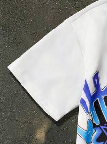 2pcs Tween Boy Fashionable Print Short Sleeve Loose Fit T-Shirt With Drawstring Waist, Matching Colorblock Pants, Street Style Spring/Summer Outfit