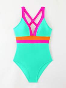 Swim Traje de baño de una pieza para mujer con colorblock y espalda descubierta - Multicolor 3 - Ver 4