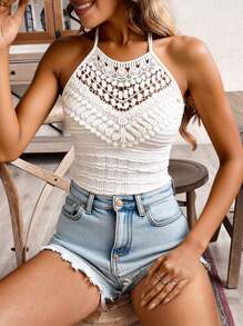 SHEIN Frenchy Camiseta de tirantes con escote halter y encaje en contraste de color albaricoque, top ajustado con textura estriada y retorcida, para uso diario, atuendos casuales para vacaciones en Francia, vestidos de cita, día de la boda